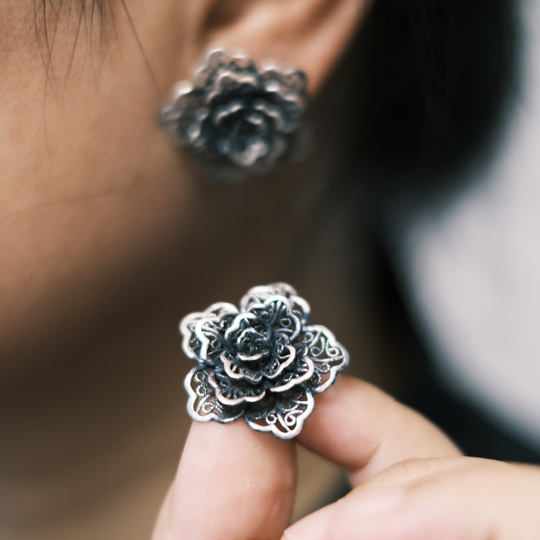 足银耳饰 【黄飞达原创】牡丹花女耳钉复古耳饰银制欧若智性风