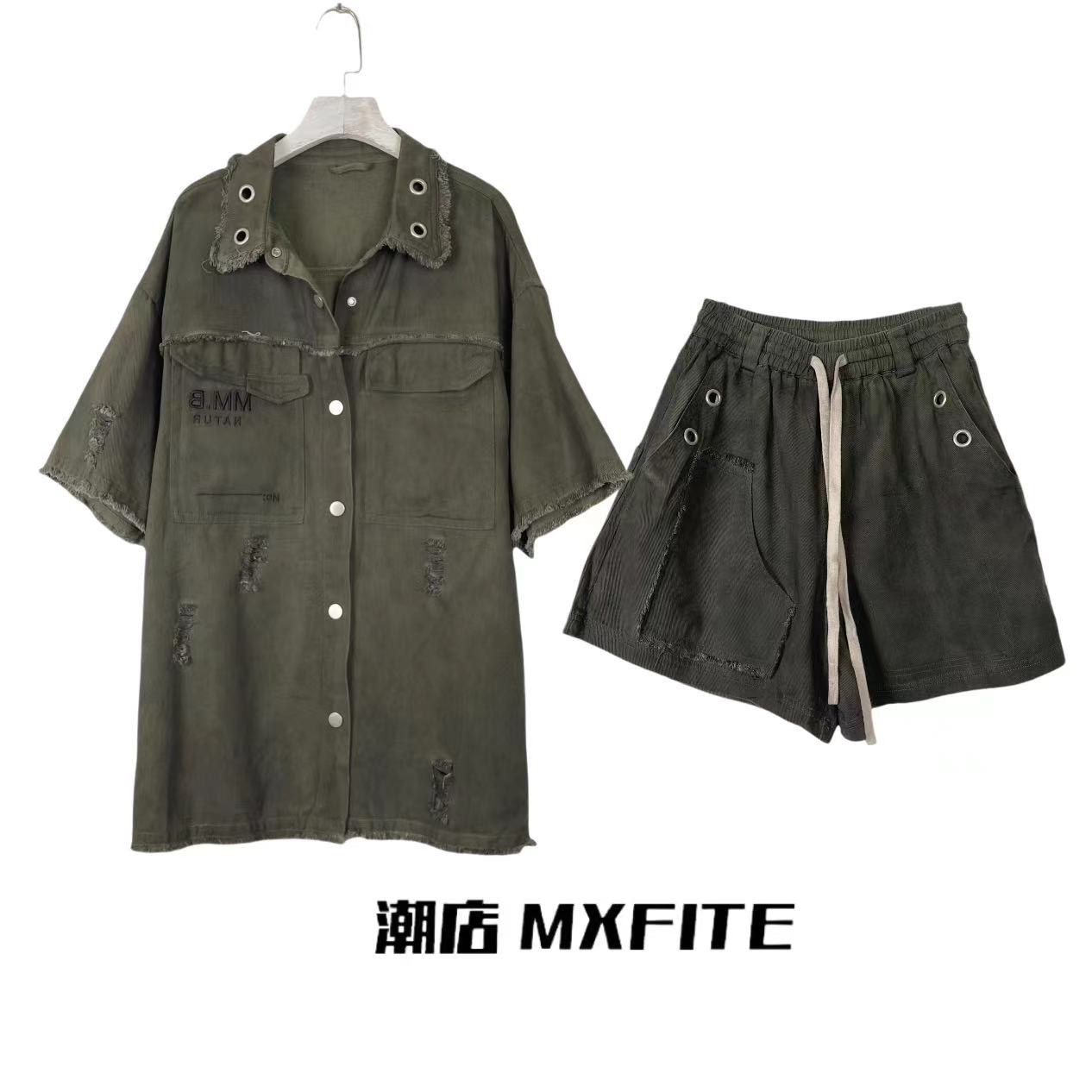 MXFITE潮店早秋新款个性复古做旧牛仔衬衫短裤套装（AJ2F185）