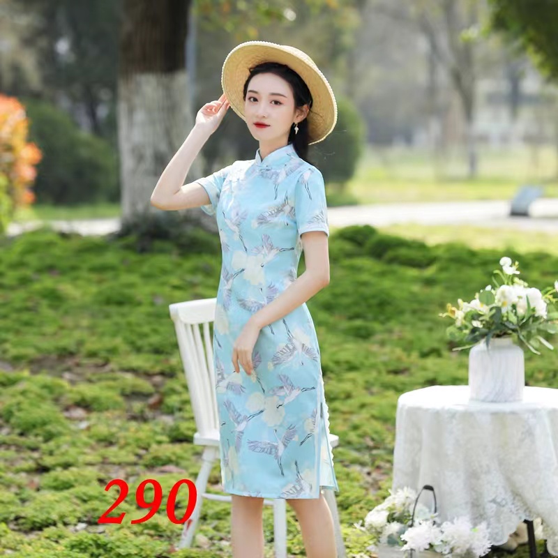 （779）夏款 双色  中款改良旗袍 单层 长约100cm 中国风旗袍