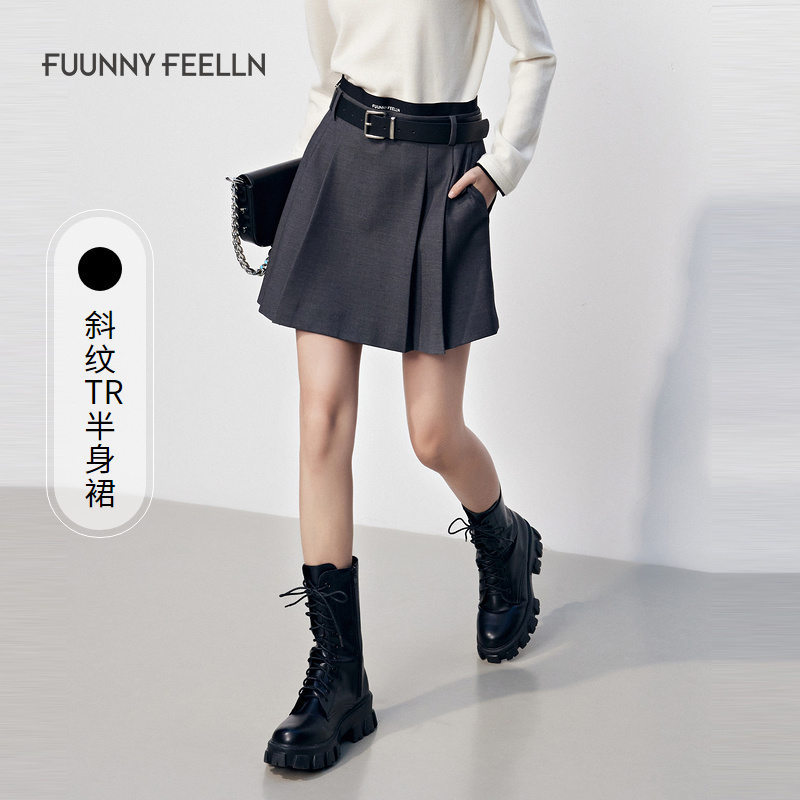 FF仿佛2025春季高腰百褶裙女斜纹a字小个子学院风百搭半裙FW00881