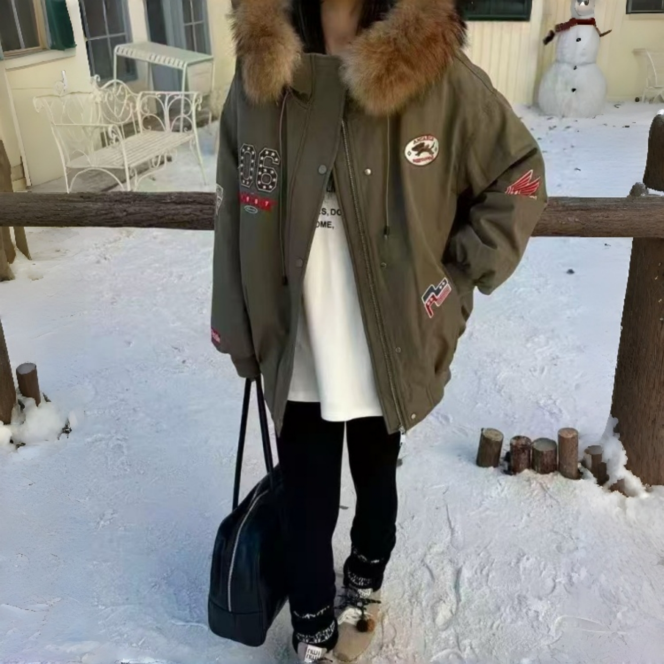 Manmi   可拆毛领刺绣标毛毛绒连帽外套  6837