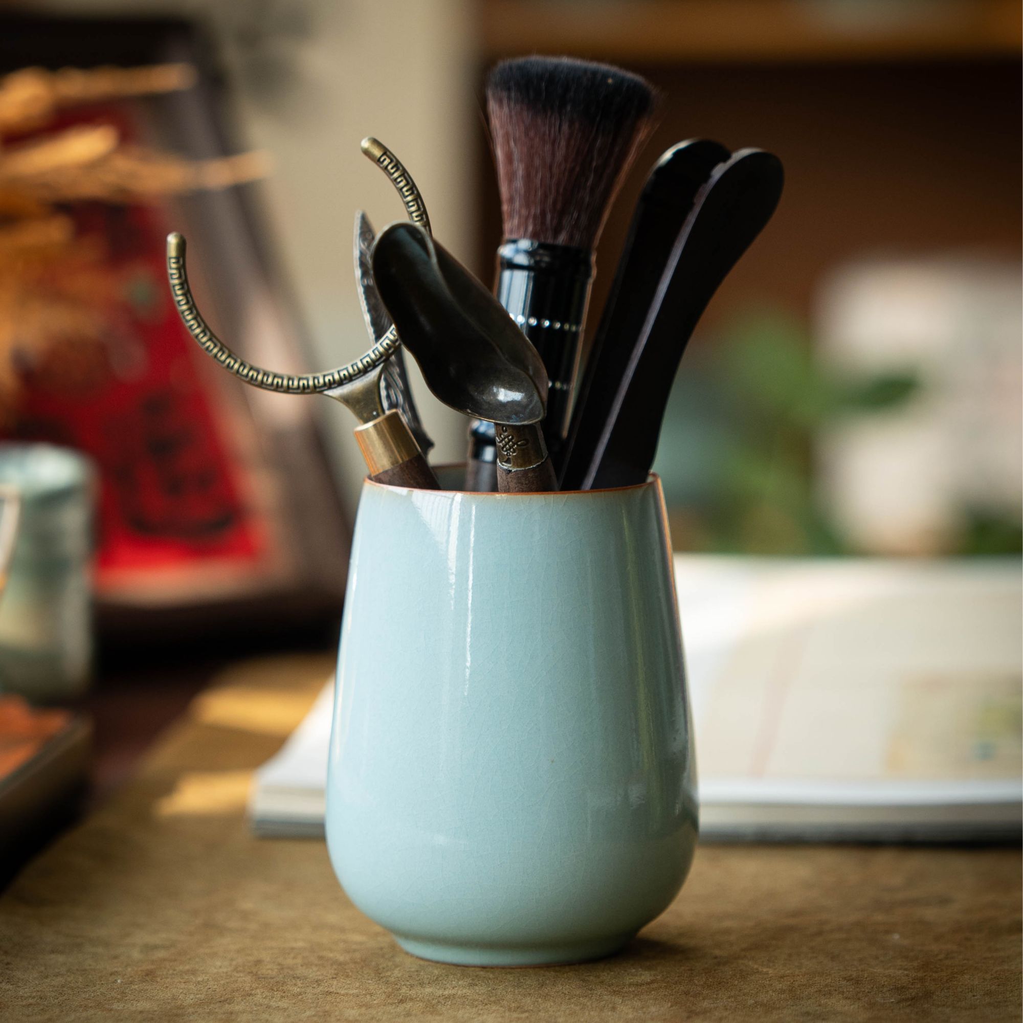 简匠当代汝窑原矿天青釉开片茶道六君子