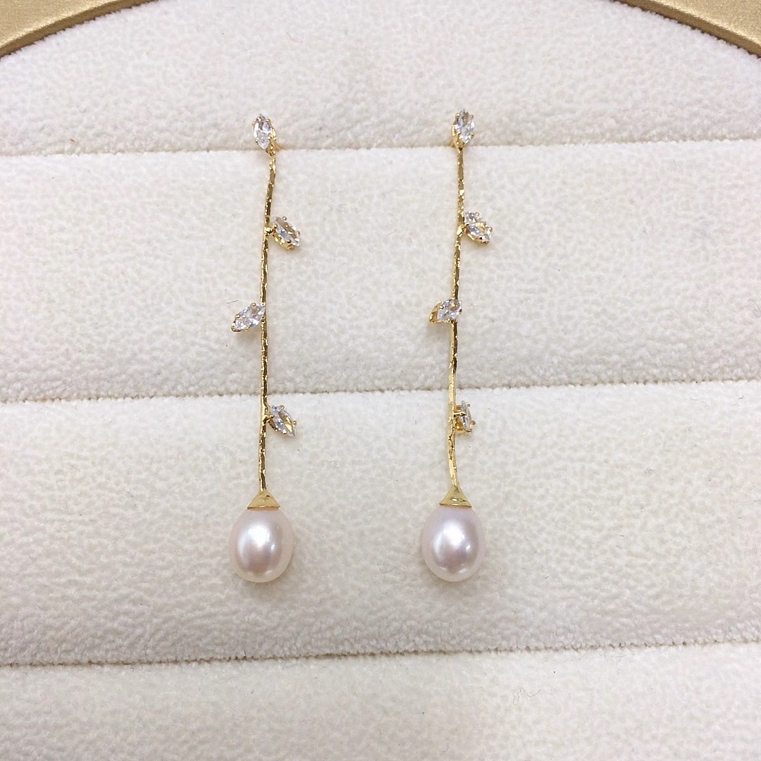 0166天然淡水珍珠耳饰时尚气质柳叶耳线