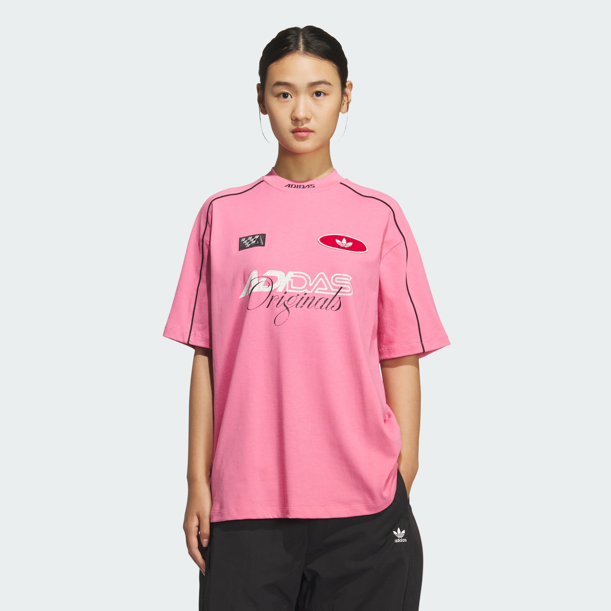 Adidas阿迪达斯三叶草女子赛车风纯棉小高领运动短袖T恤KG6679