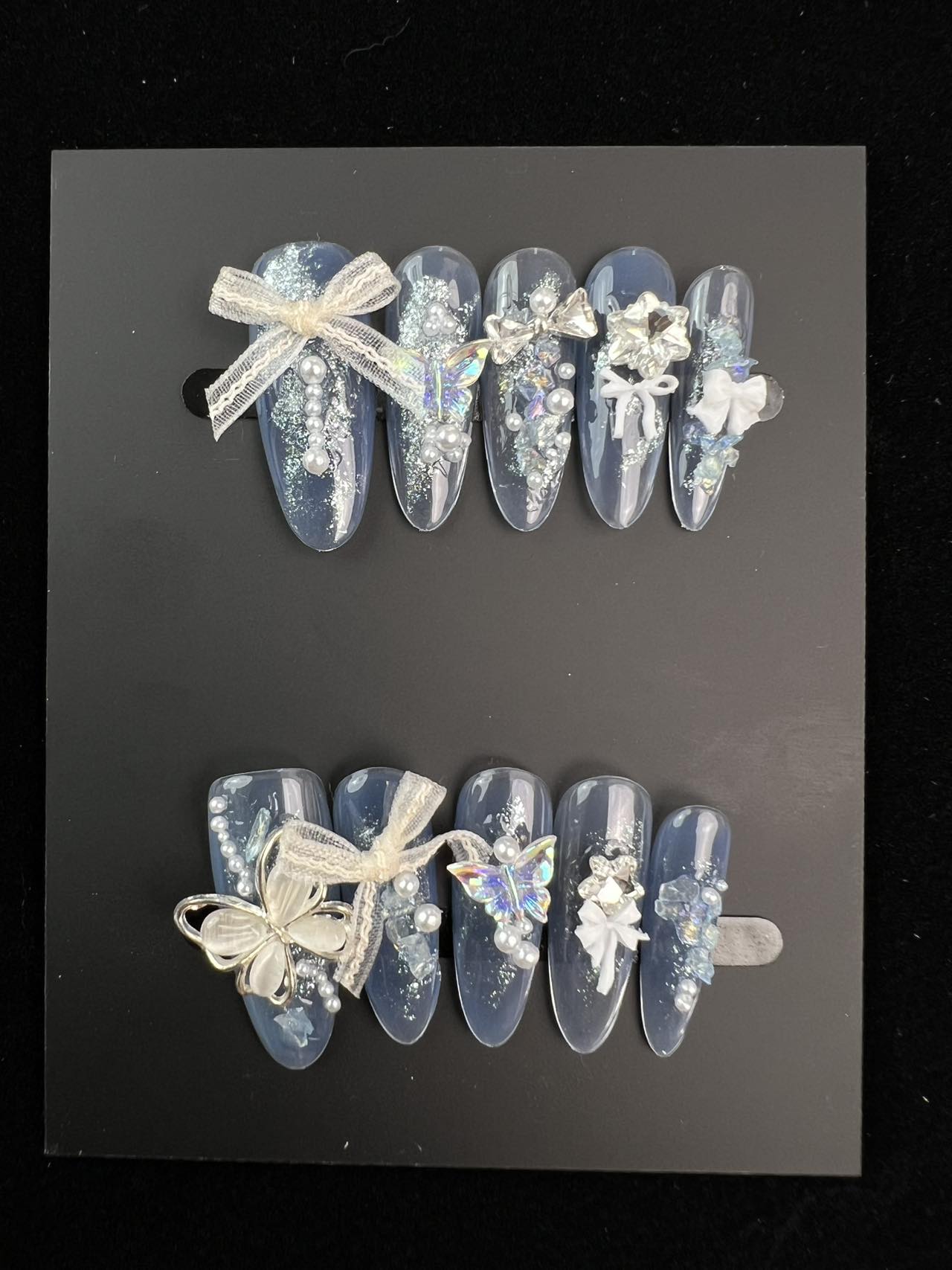 【冰蓝蝶结】体蝴蝶蕾丝珍珠透蓝仙系美甲