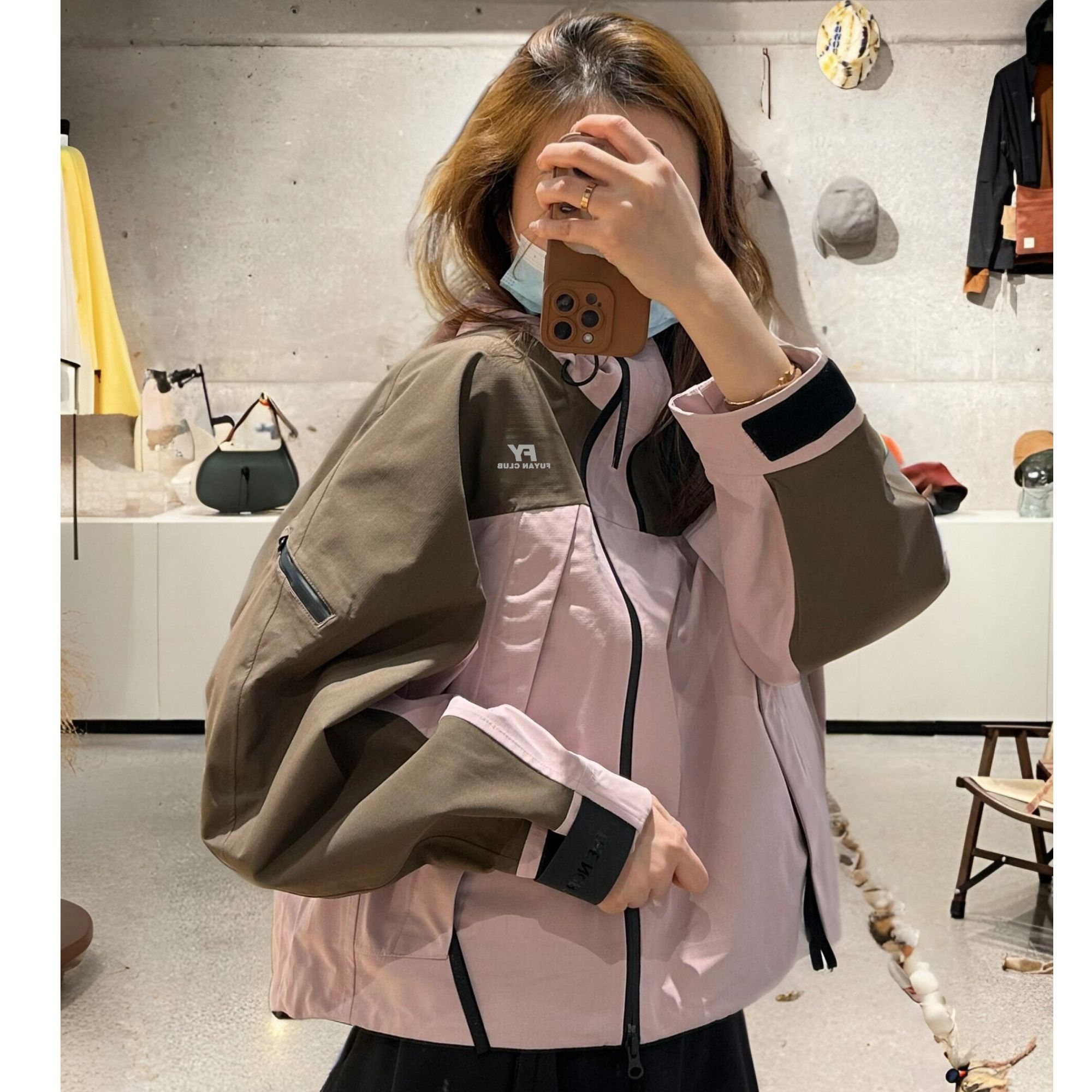 FUYAN芙沿粉棕拼色短款冲锋衣外套女2025年新款户外三合一登山服