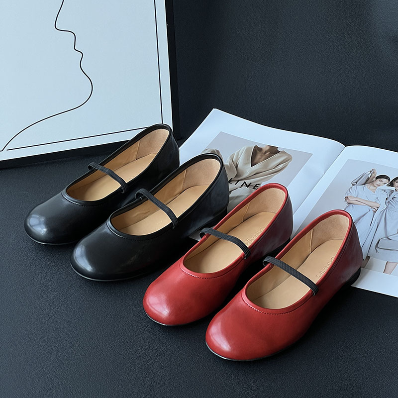 “晴天”复古做旧水洗马皮芭蕾舞鞋女浅口低跟玛丽珍鞋圆头红色单鞋