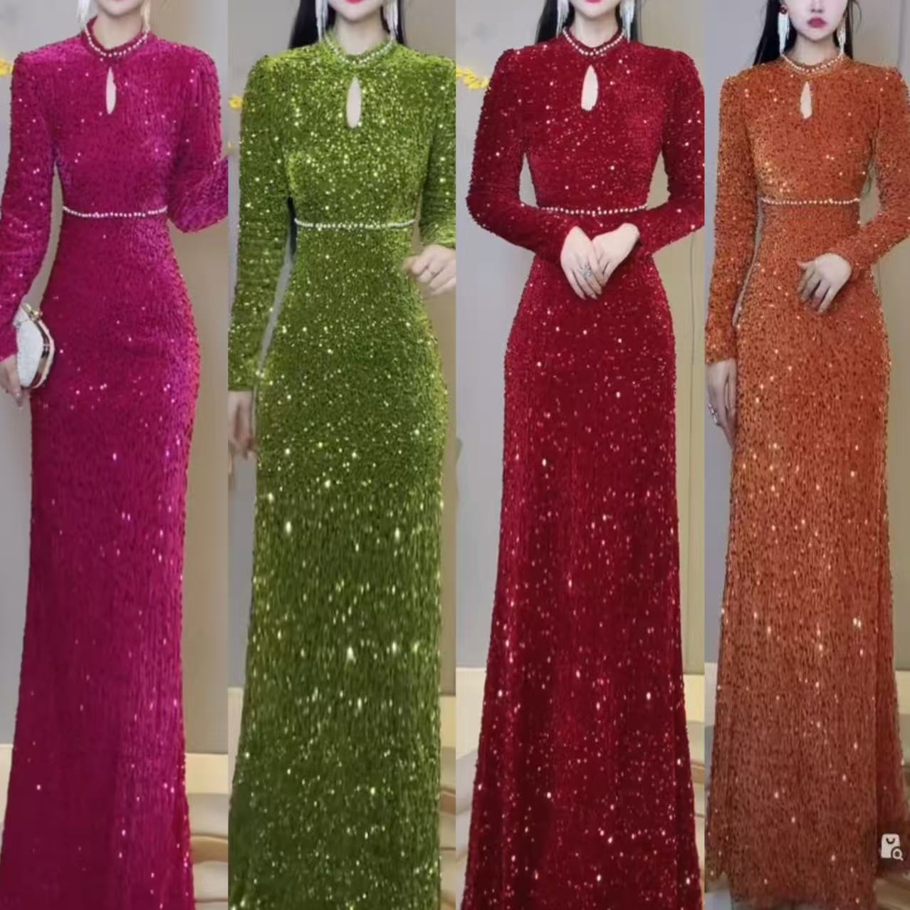 轻熟复古亮片包臀(晚宴千金）长裙时尚气质女装23179