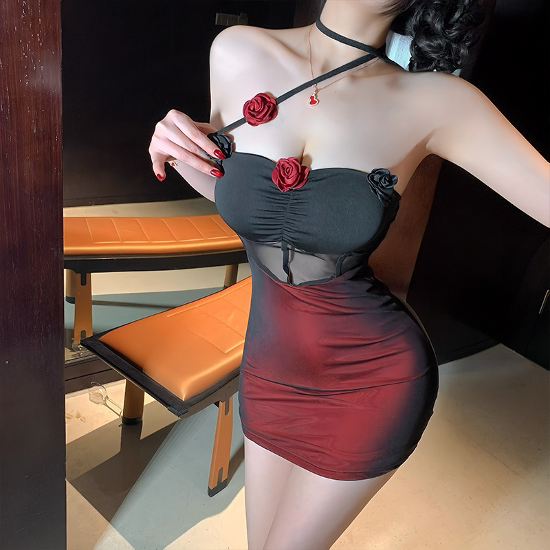 夏季挂脖网纱美背连衣裙气质秘书