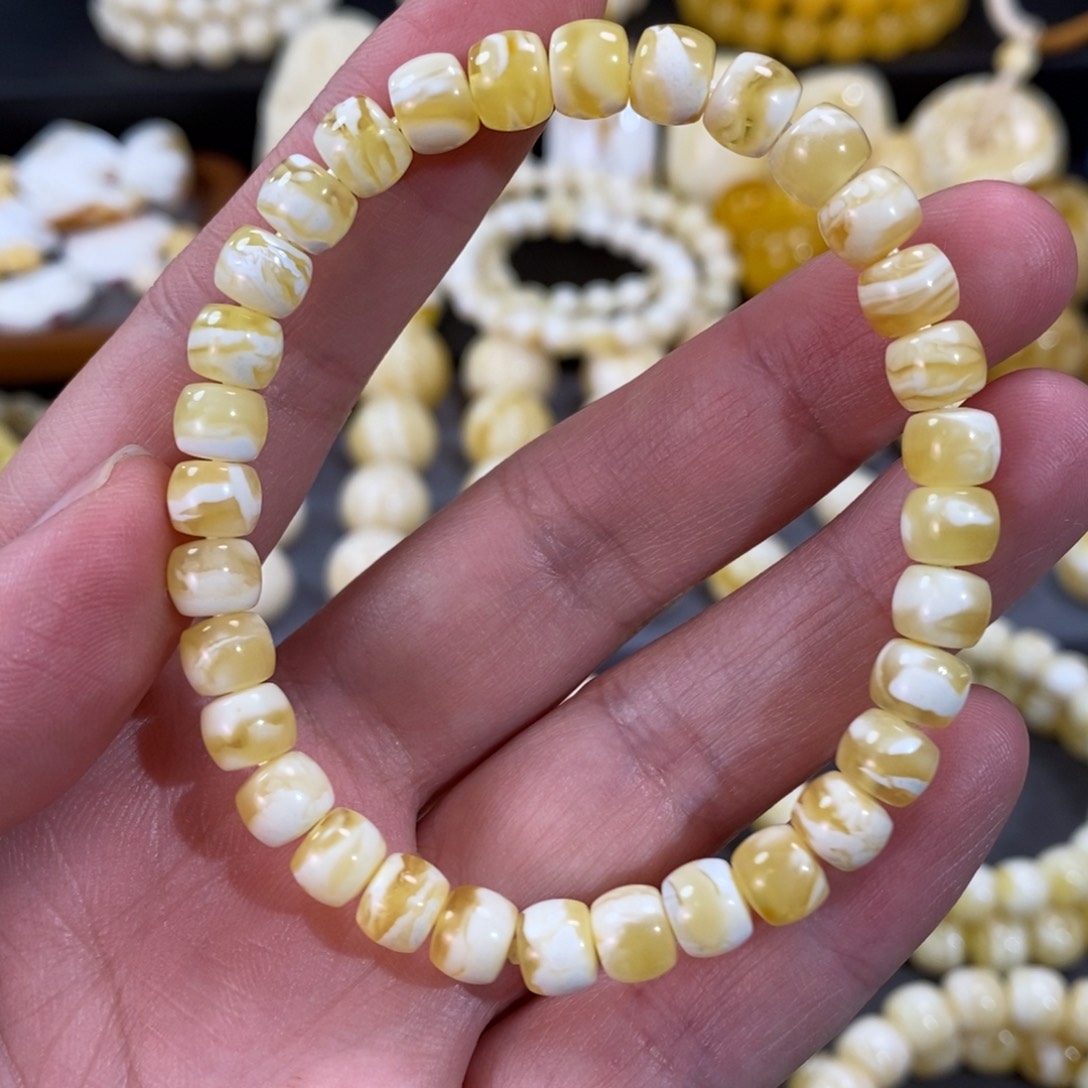 蜜蜡手串未镶嵌金瓷白虎皮直切手串7