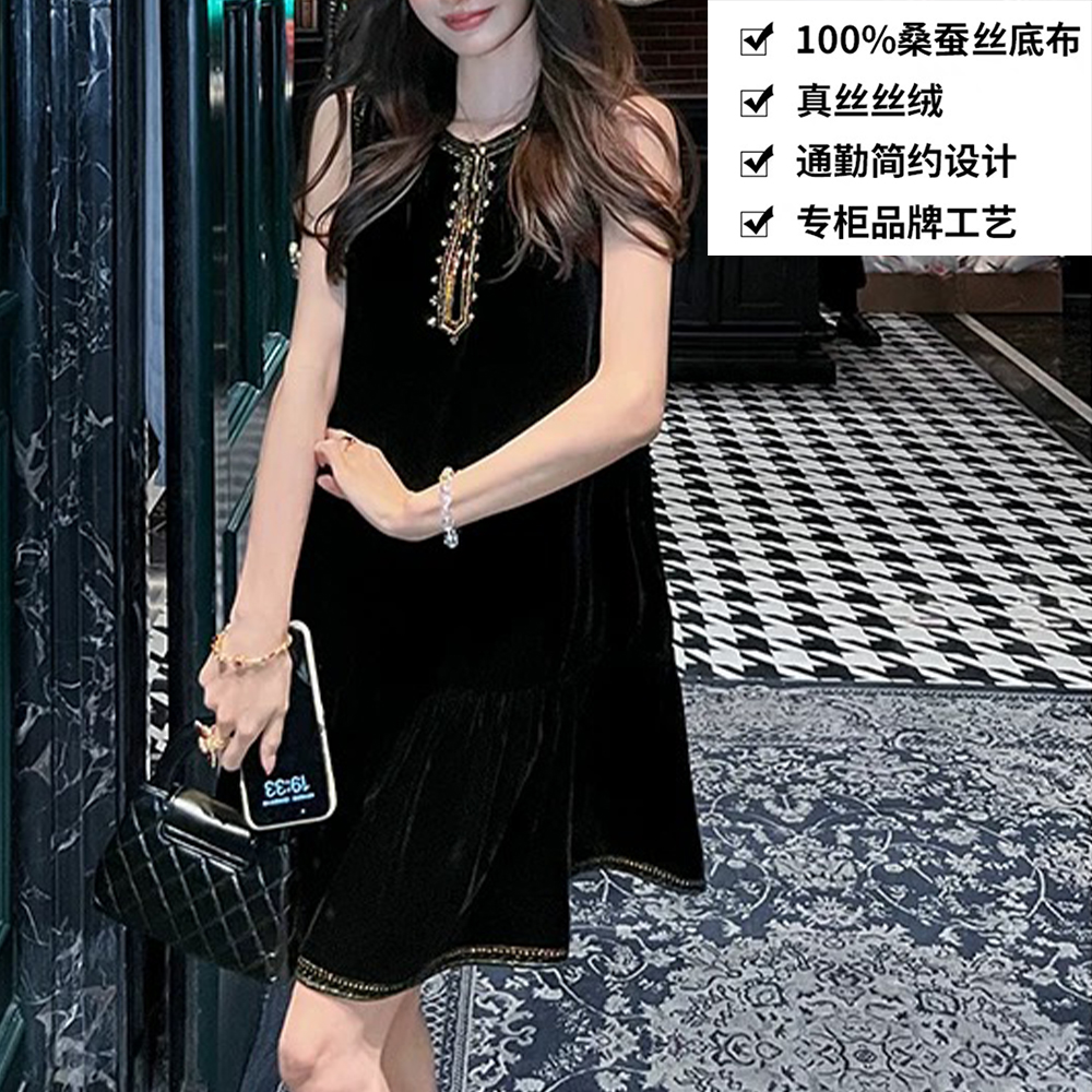 100桑蚕丝丝绒法式气质重工金色亮片圆领真丝丝绒连衣裙ZKD77