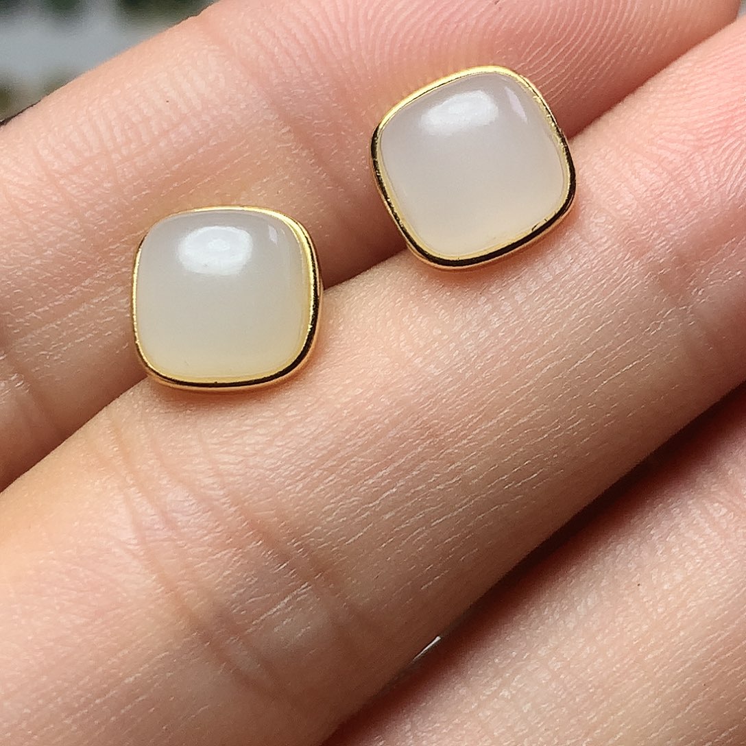 银S925镀金镶嵌和田玉（白玉）耳饰高**淞