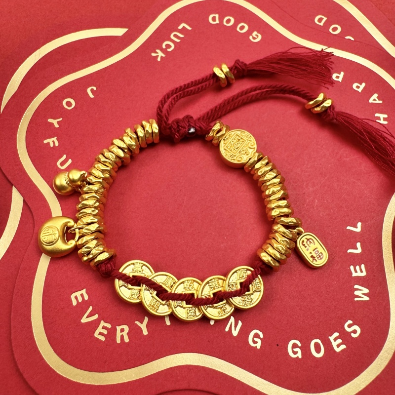 【金福轩】足金999五路财神五帝币本命年厚壁卡7mm黄金盘缠手串