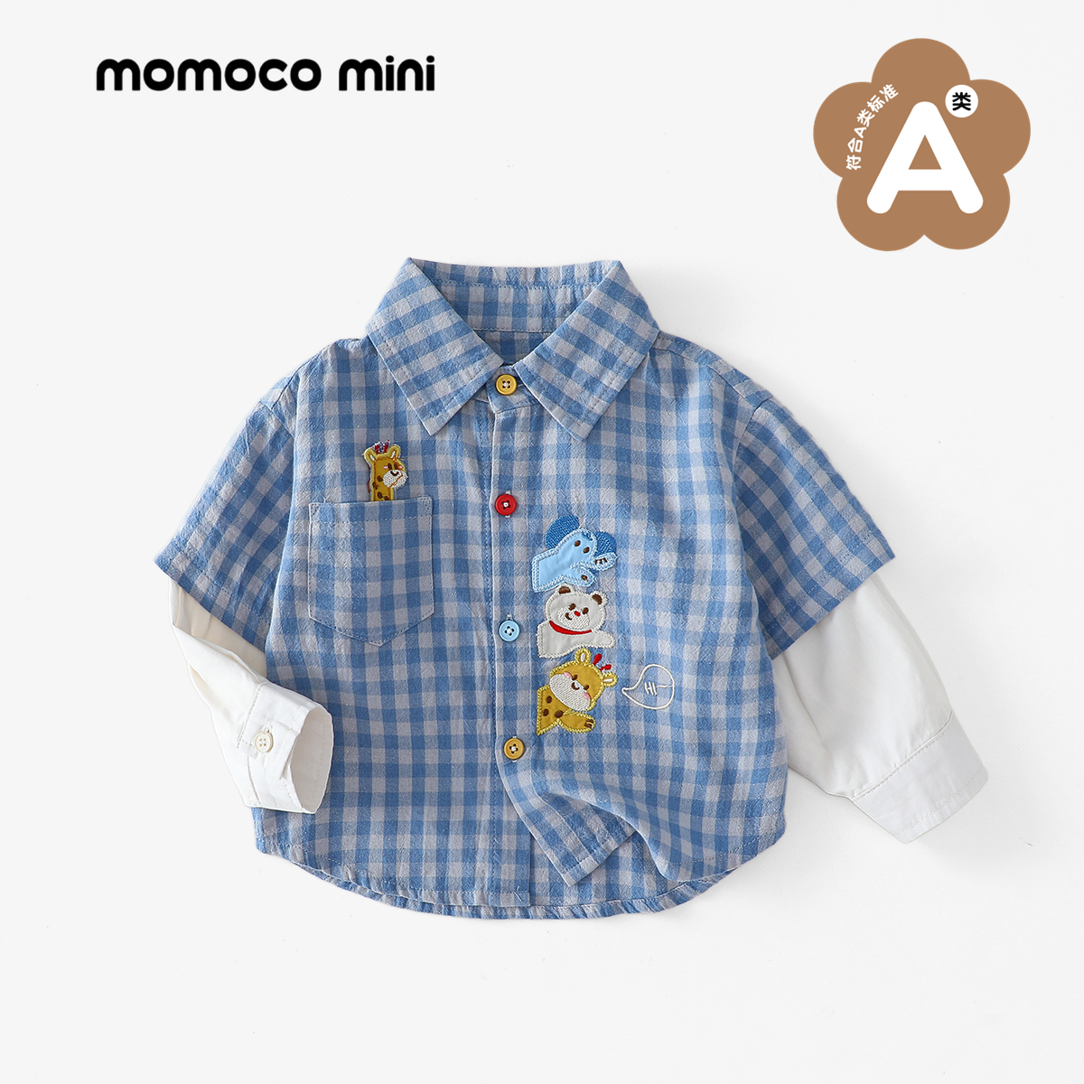MOMOCOmini婴童格子小动物拼接长袖男女宝衬衫87910129007