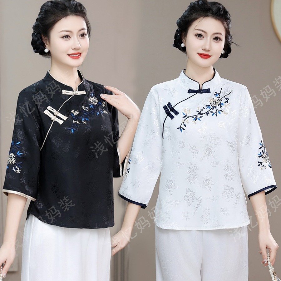 秋季新款七分袖常规款立领上衣国风复古中式日常女装刺绣旗袍小衫