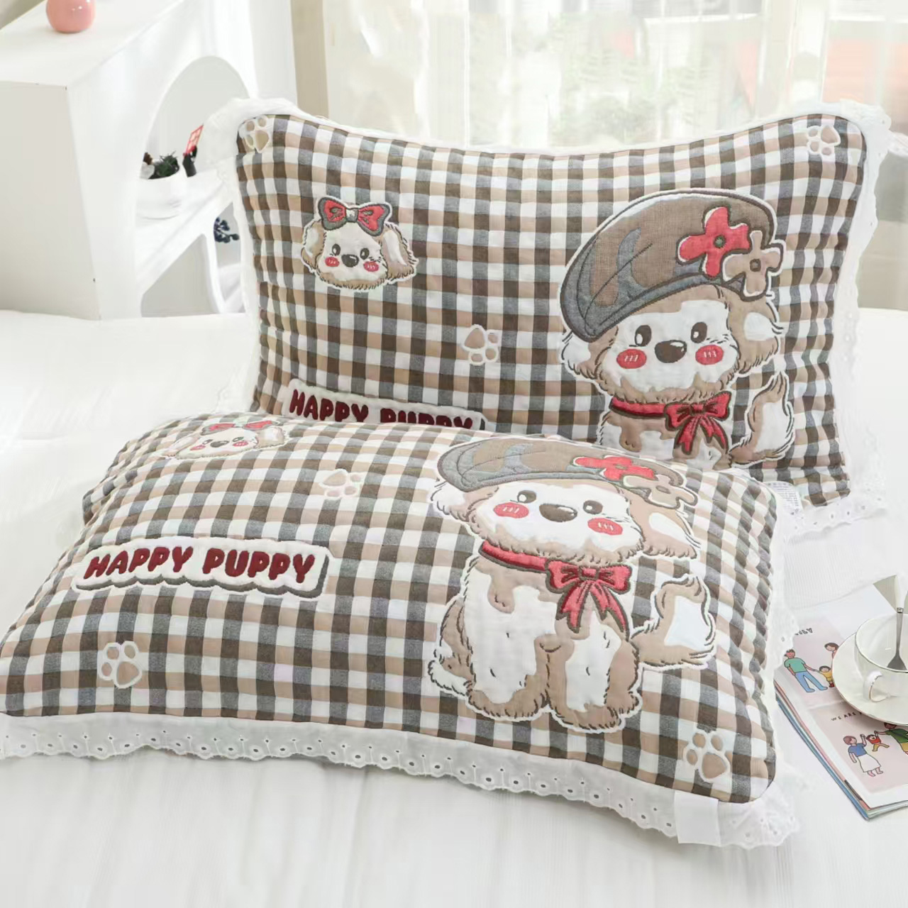 【贵妇狗】枕巾52×78cm泡芙纱布枕巾一对装成人卡通柔软