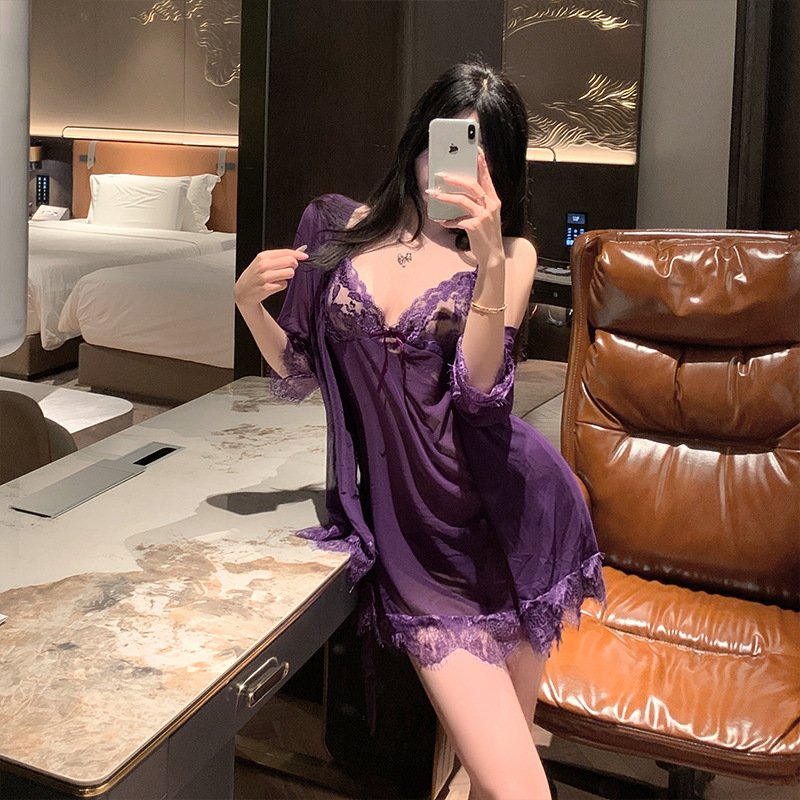 性感吊带蕾丝披肩两件套睡裙套装女