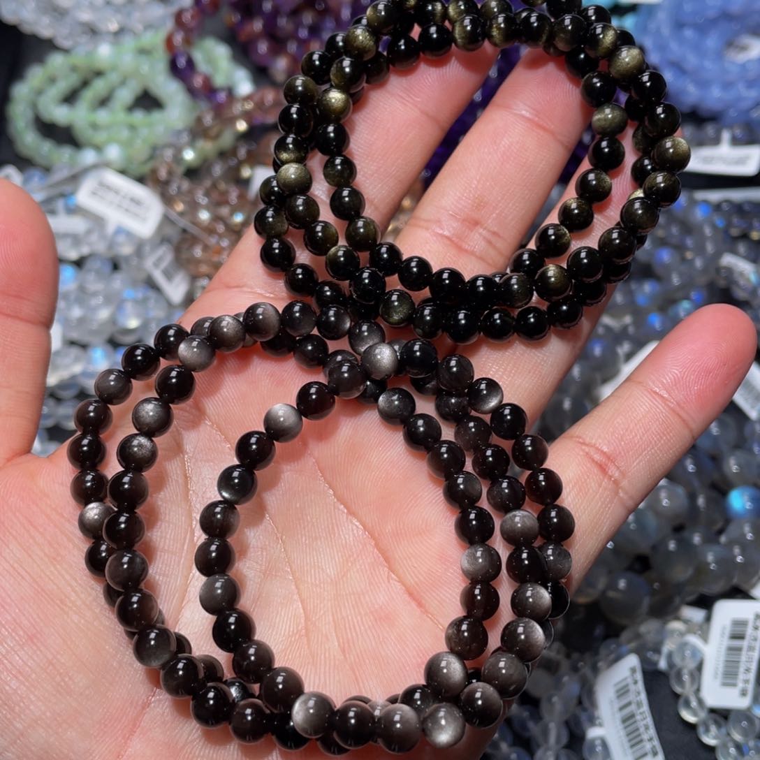 黑曜岩手链未镶嵌金曜石银曜石多圈手链6m