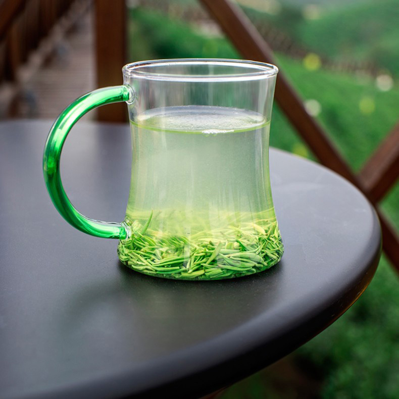 文新玻璃杯绿把瘦身杯茶杯绿茶杯320ml