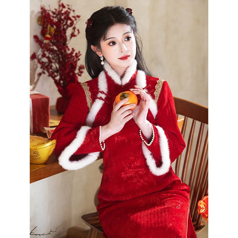 《暮色》红色过年拜年服旗袍秋冬季加绒订婚礼服裙新年战袍