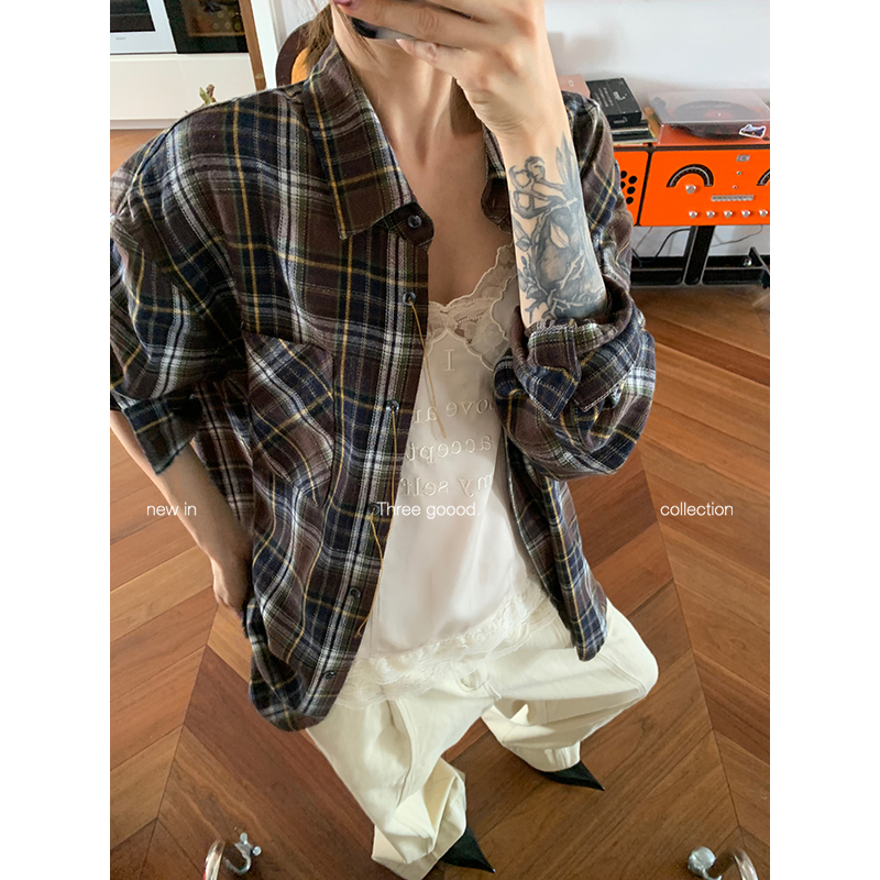THREE GOOOD/三吉 回忆胶卷 纽扣撞色流苏设计格子衬衫Y725C12042