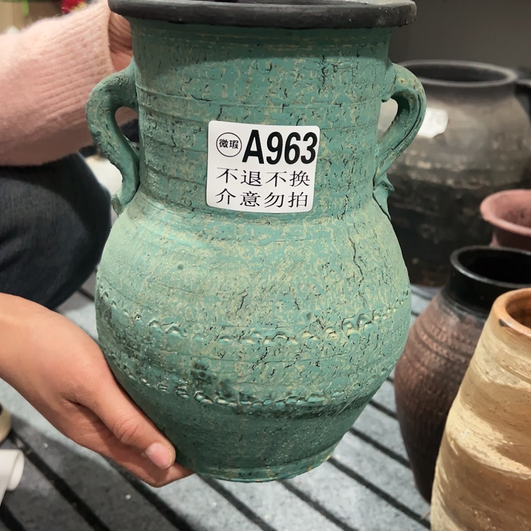 红陶瑕疵绿色双耳963