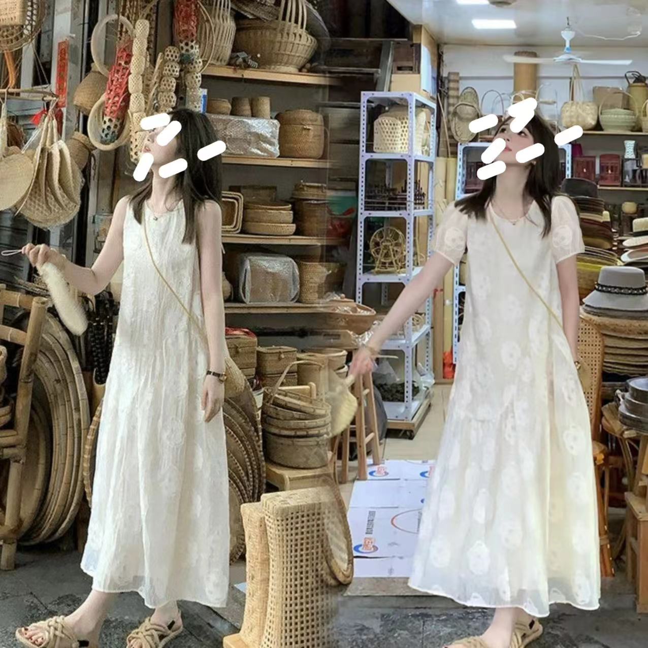 L928+法式纯色无袖背心连衣裙女夏季小众设计感气质裙