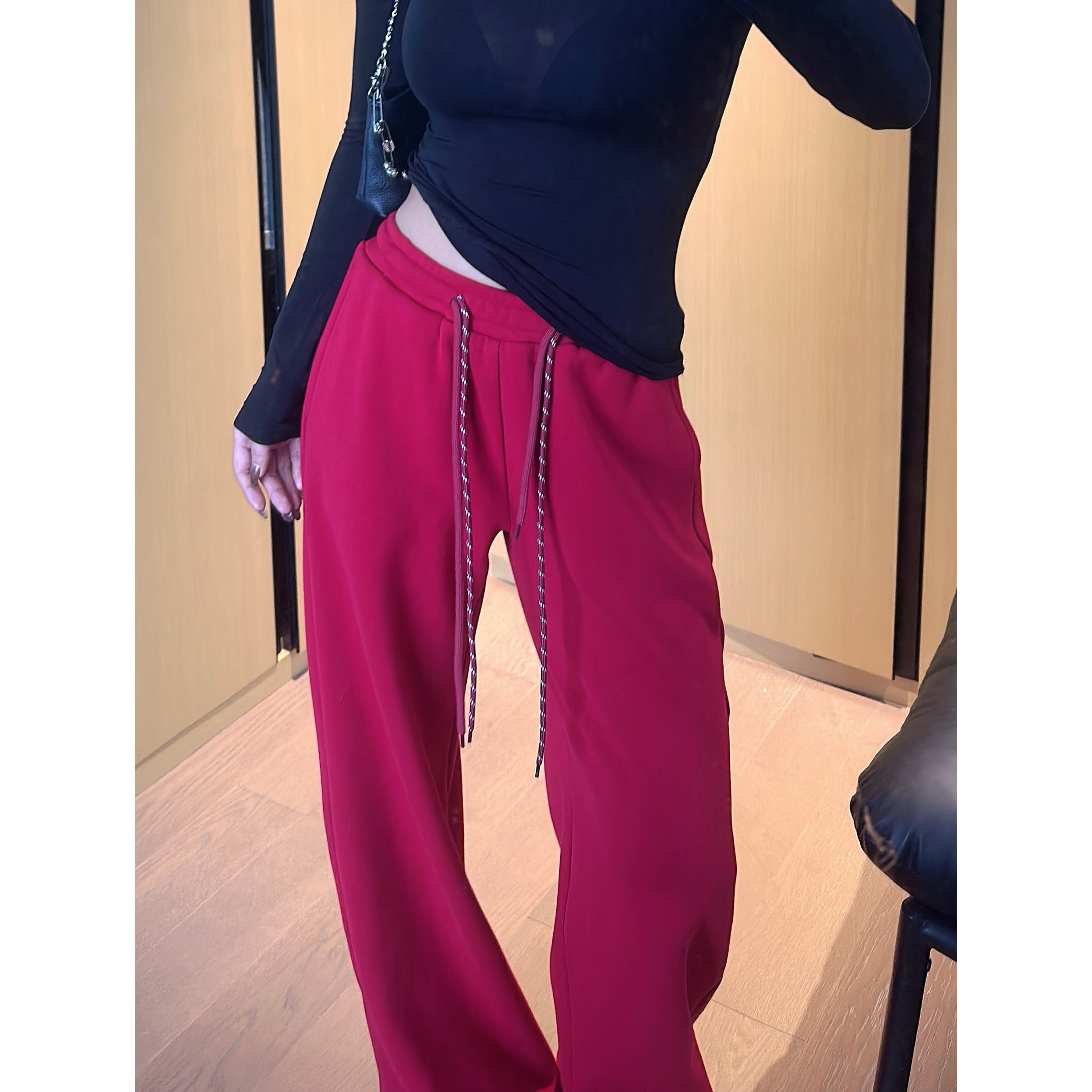 2025新款设计感时尚休闲裤女抽绳系带直筒阔腿裤慵懒风百搭长裤女