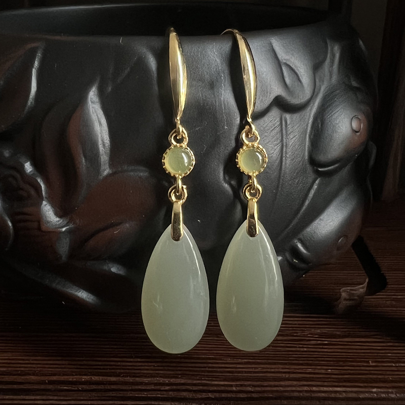 水滴耳环S925银和田玉耳饰国风气质时尚耳坠18*8MM(多样性发货)