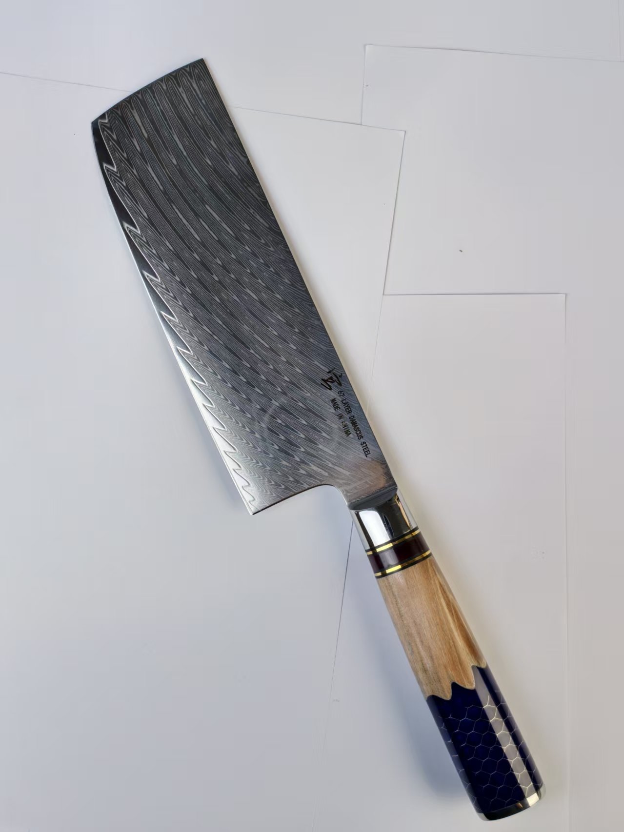 宫蜂窝蓝色树脂柳木手柄大马士革羽毛纹10cr15mov日式两用小菜切