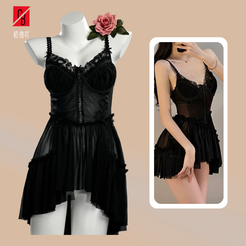 初倍吖【80-120斤】【暗夜刺客】蕾丝睡裙黑色性感收腰修身