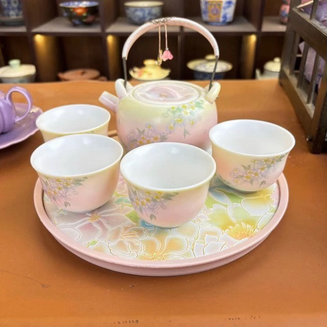 ZH765三色渐变提梁壶一壶四杯加茶盘