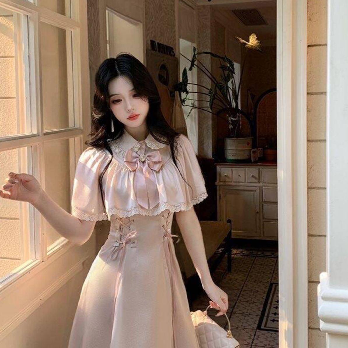 【樱语】 优雅复古宫廷大小姐千金感收腰显瘦绑带蝴蝶结连衣裙高腰