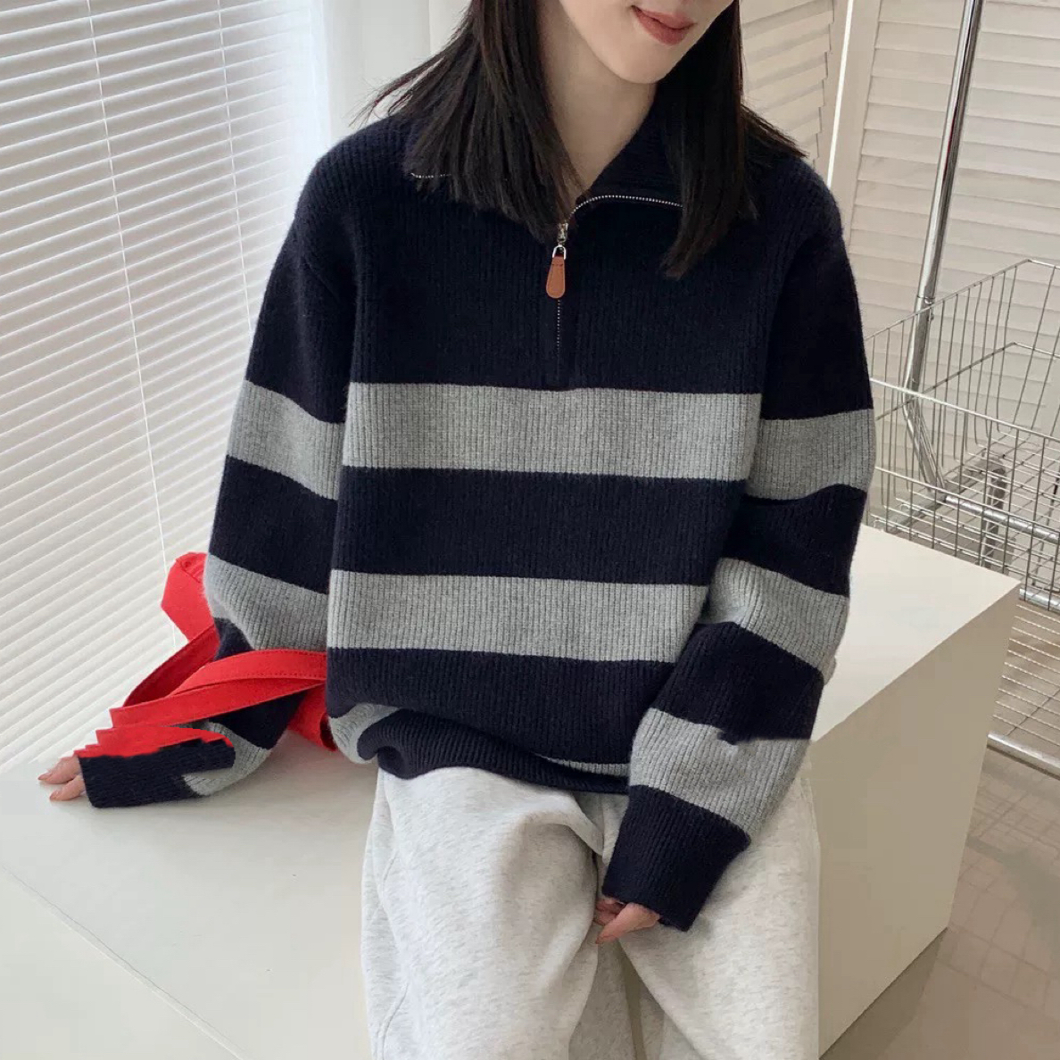 欧货～羊绒混纺，半拉链横条长袖针织毛衣，宽松，百搭，显瘦，均码