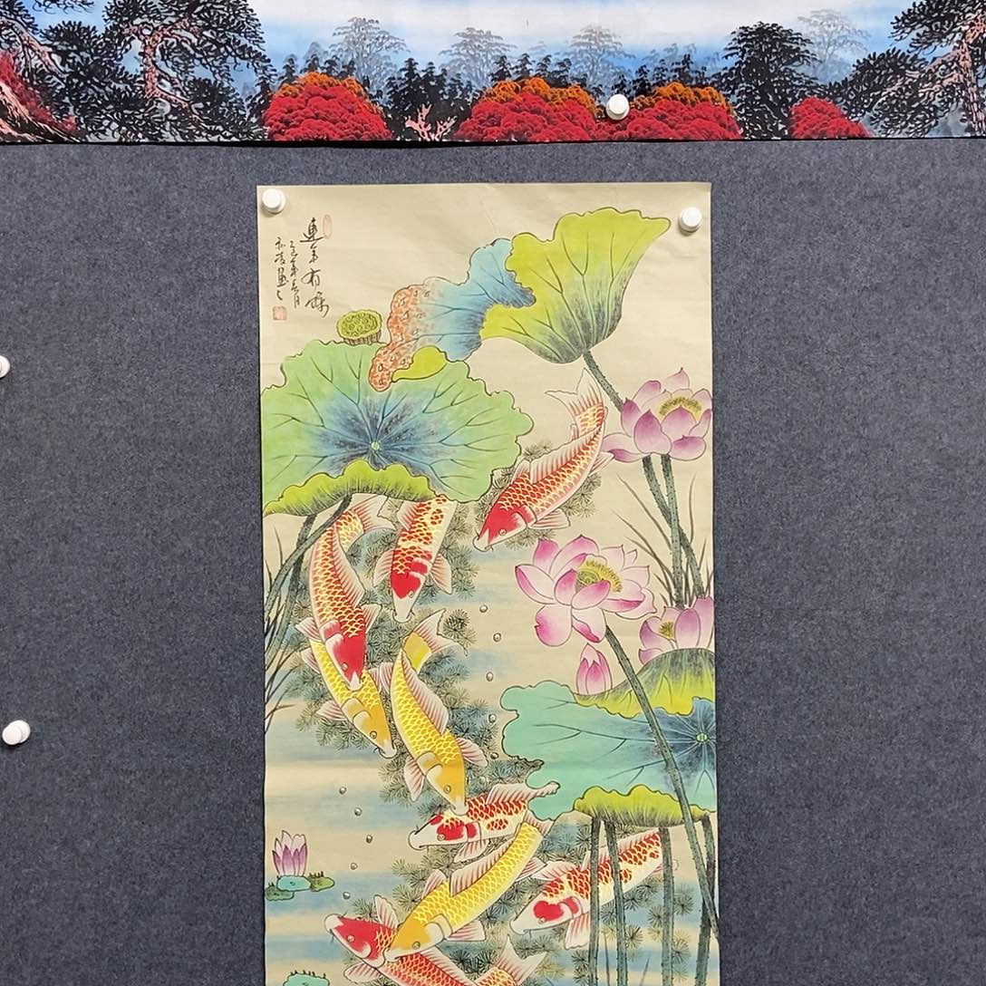 国画四尺荷花鱼一副