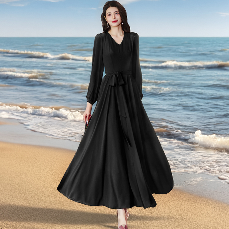 香衣丽华07黑色灯笼袖长款过膝大摆连衣裙修身显瘦气质简约长裙