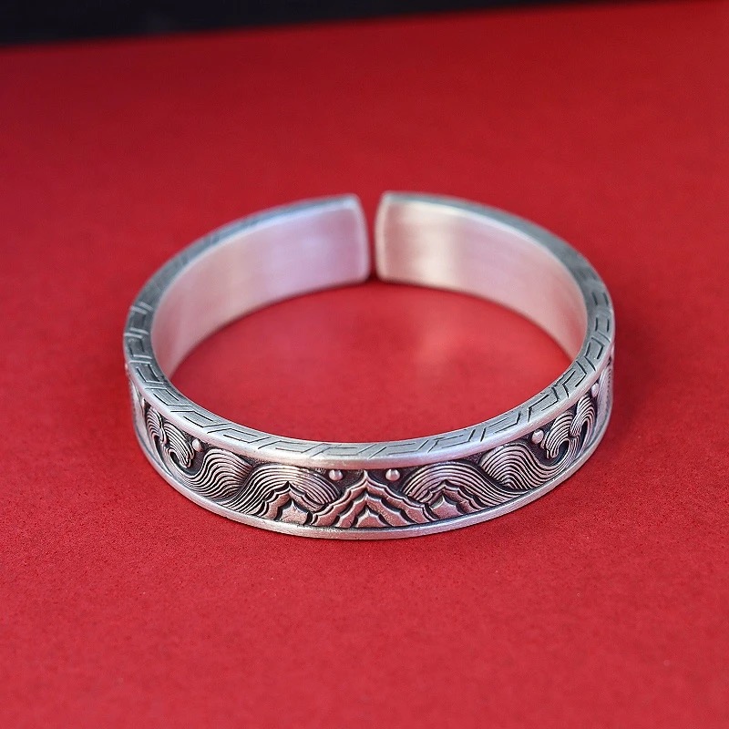 足银手镯 【艾比银】足银999手工錾刻复古山盟海誓手镯