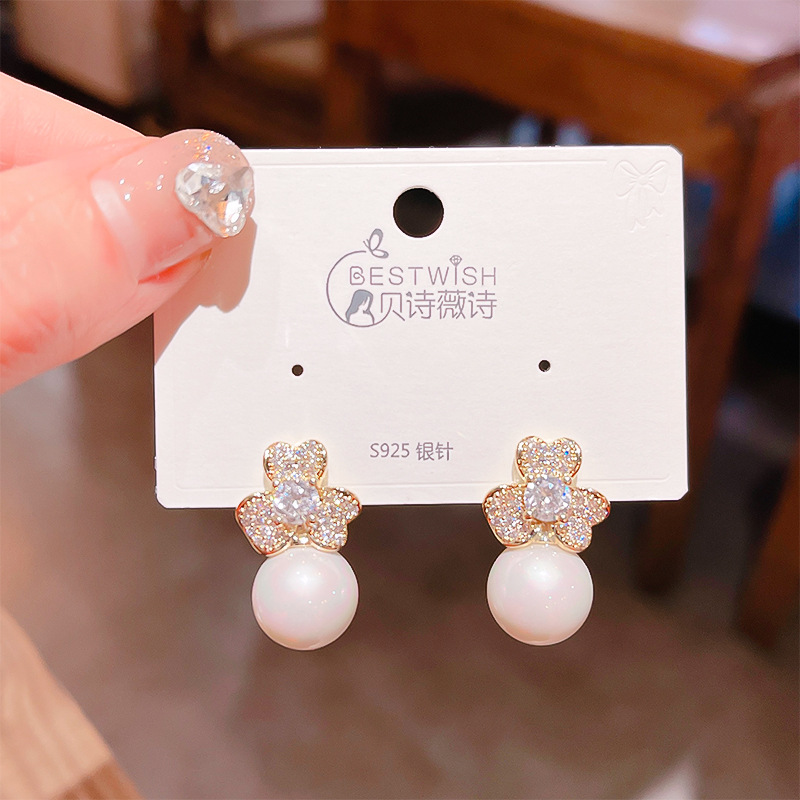 铜合金耳饰 【144号】珍珠锆石耳钉 金色