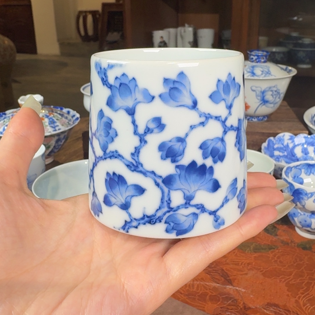 续真柴窑青花玉兰花直口杯