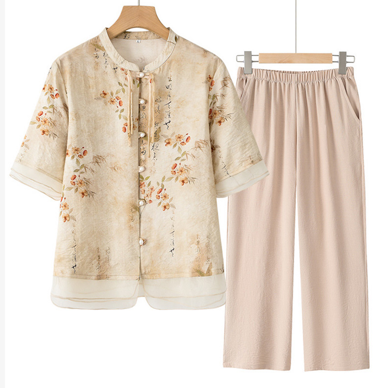 妈妈装2025夏装新款中老年女装国风T恤奶奶夏季衣服老人套装短袖