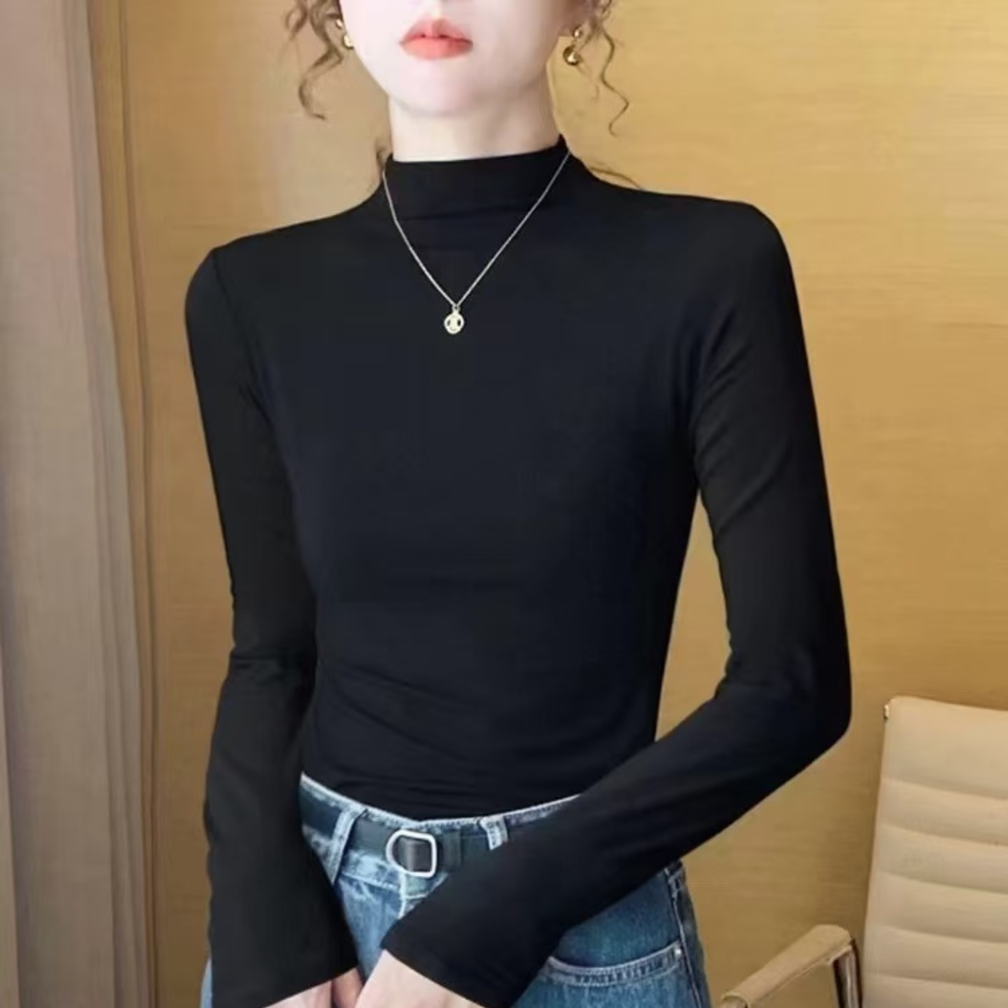 半高领棉t恤打底衫2025秋冬新款纯色棉上衣百搭宽松长袖衫
