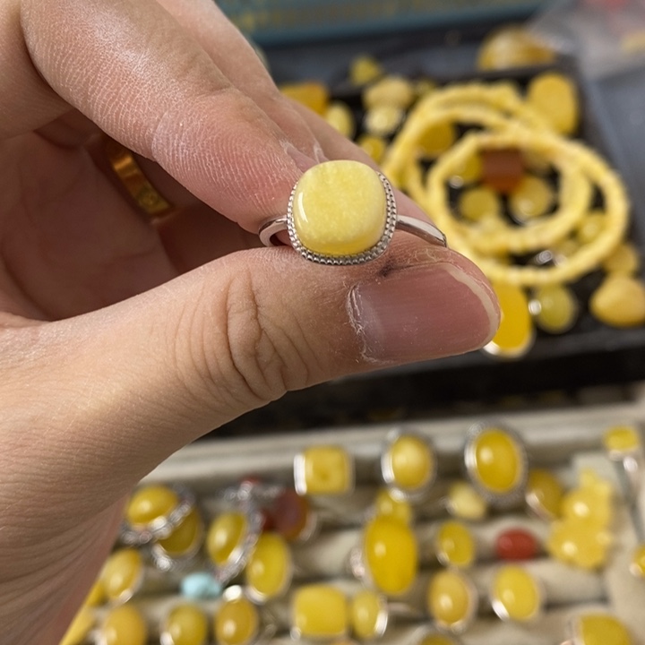 蜜蜡裸石银S925镶嵌戒指