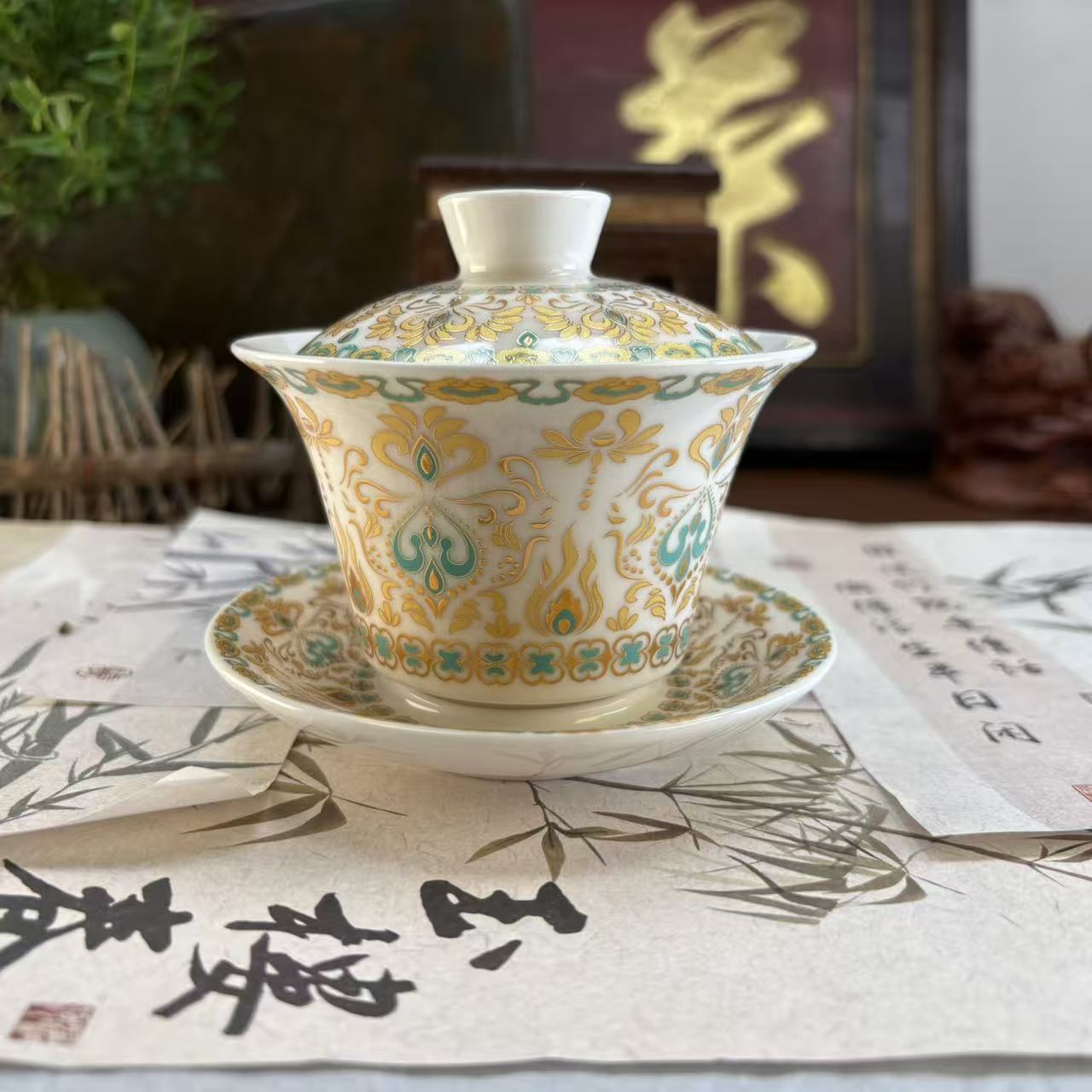 羊脂玉金银措-敦煌孔雀纹盖碗-6357-0104