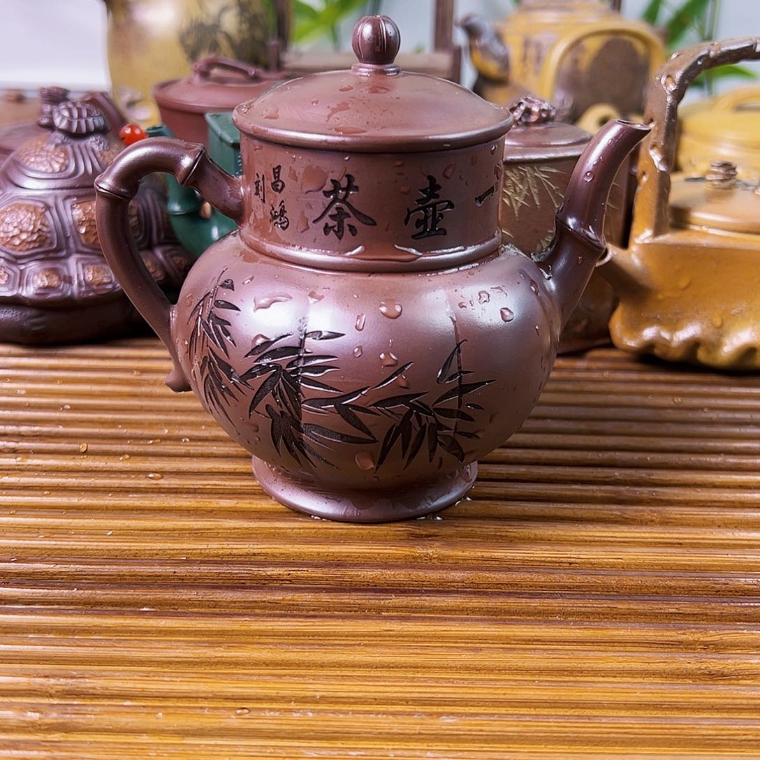 紫砂茶壶宫灯壶石红300cc