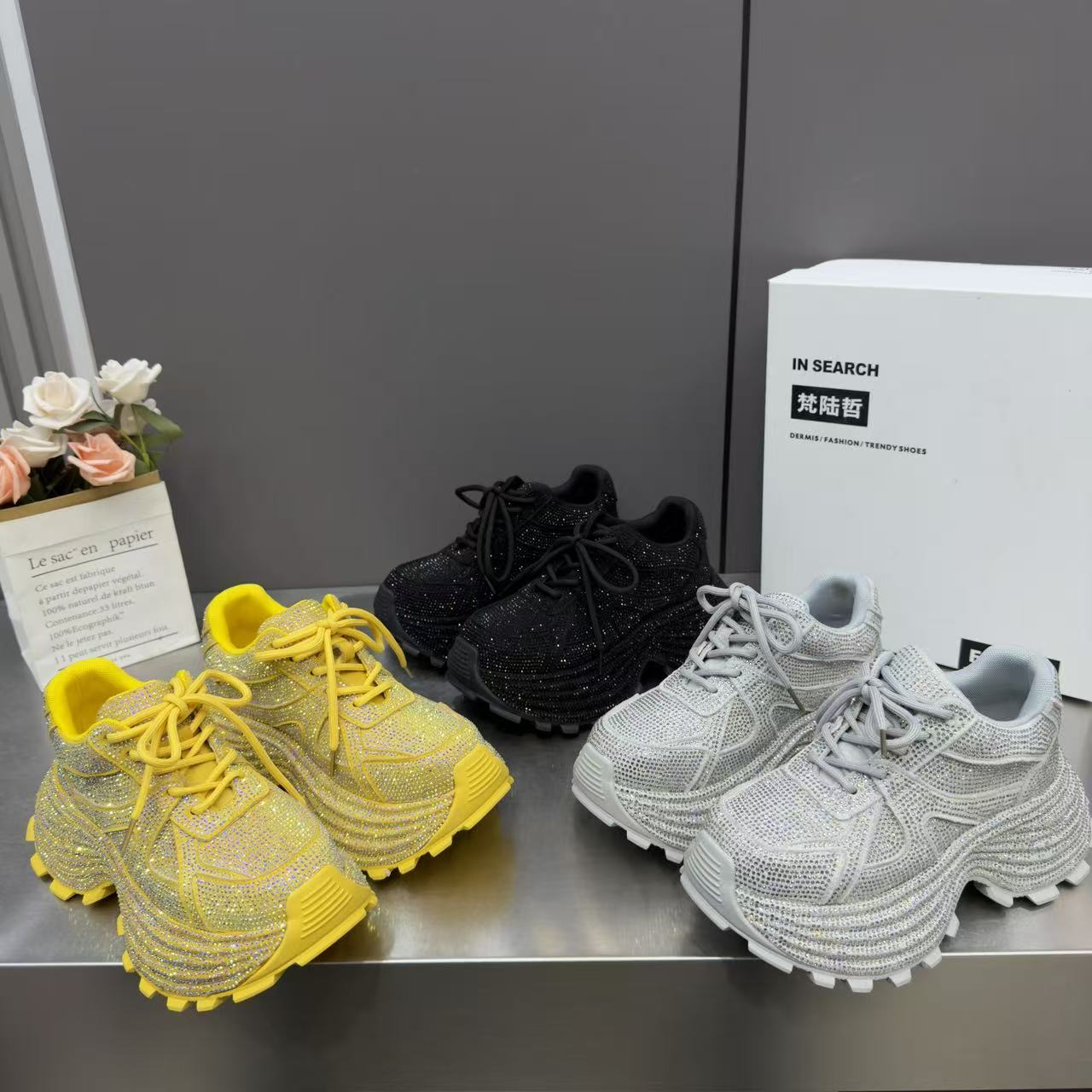 6cm松糕厚底增高老爹鞋2026春新款水钻爆闪系带低帮休闲运动女鞋