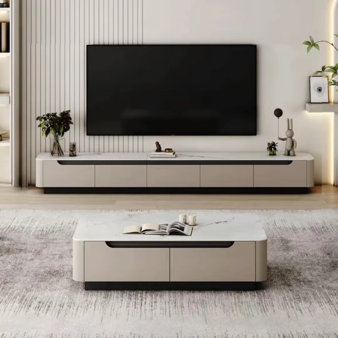 新款全实木茶几电视柜组合现代简约客厅微晶石意式烤漆家用落地柜