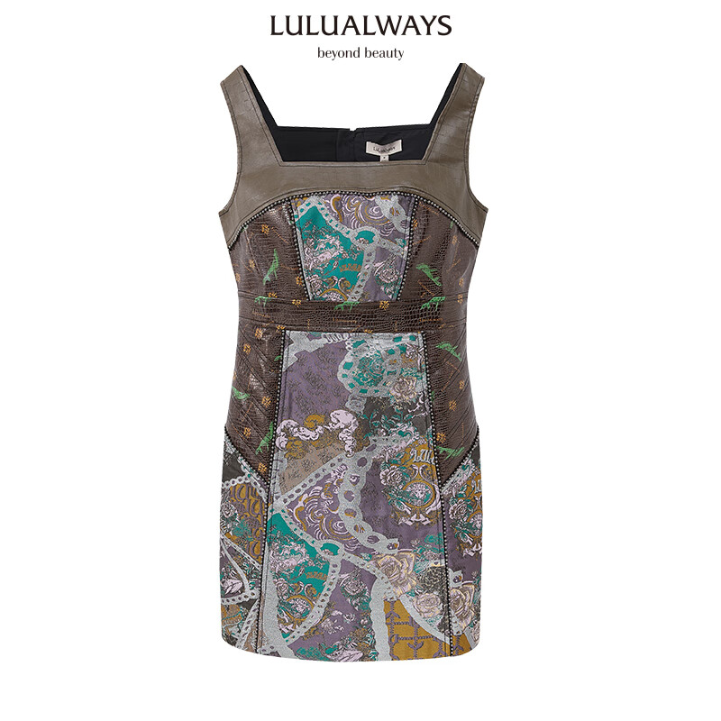 LULUALWAYS冬季新款复古拼接提花皮革吊带连衣裙