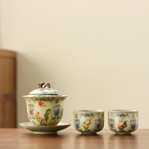 金鸡旋转盖碗加2个束腰杯开片