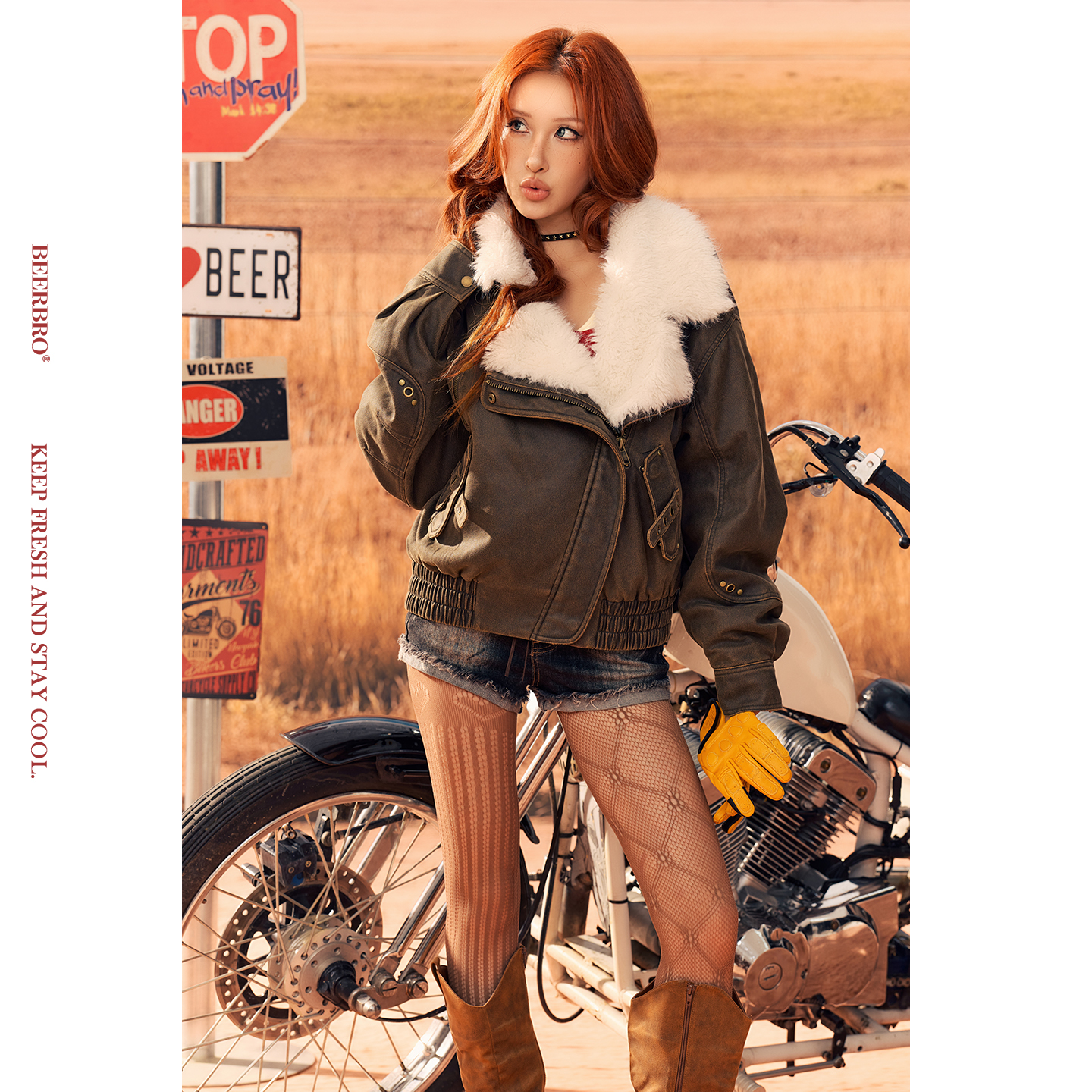 『公路音速 』冬季保暖洗水皮辣妹毛领夹克外套 BZ25DLM1794