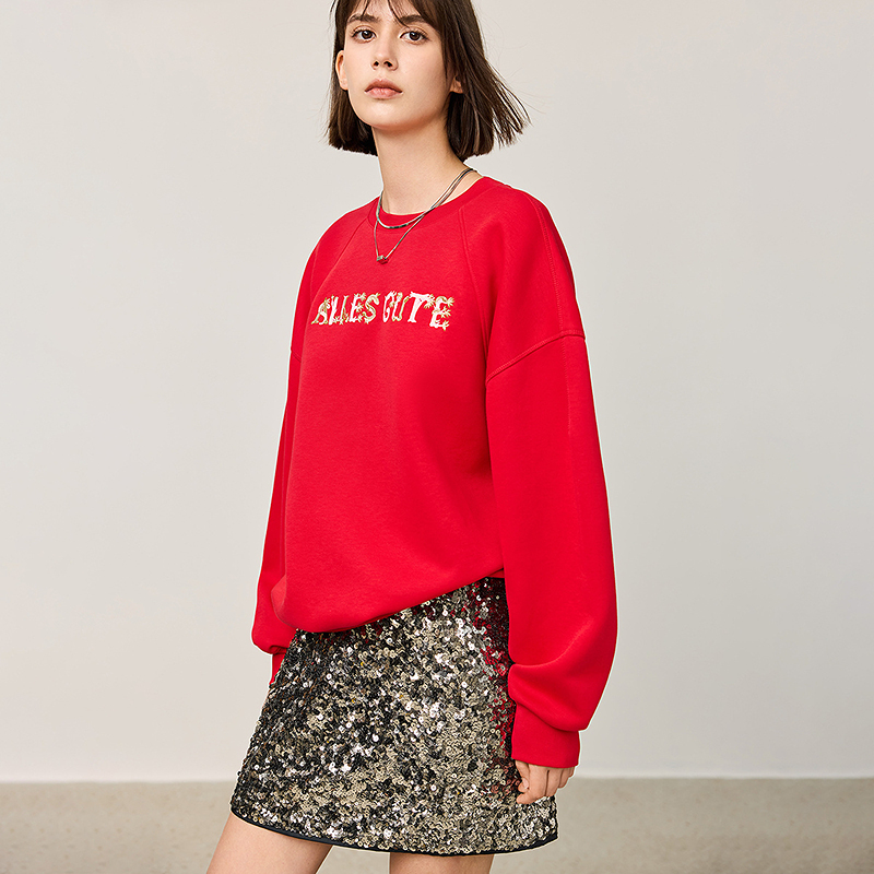 LILY冬新款新年氛围感字母印花宽松女装圆领套头卫衣124449VW923